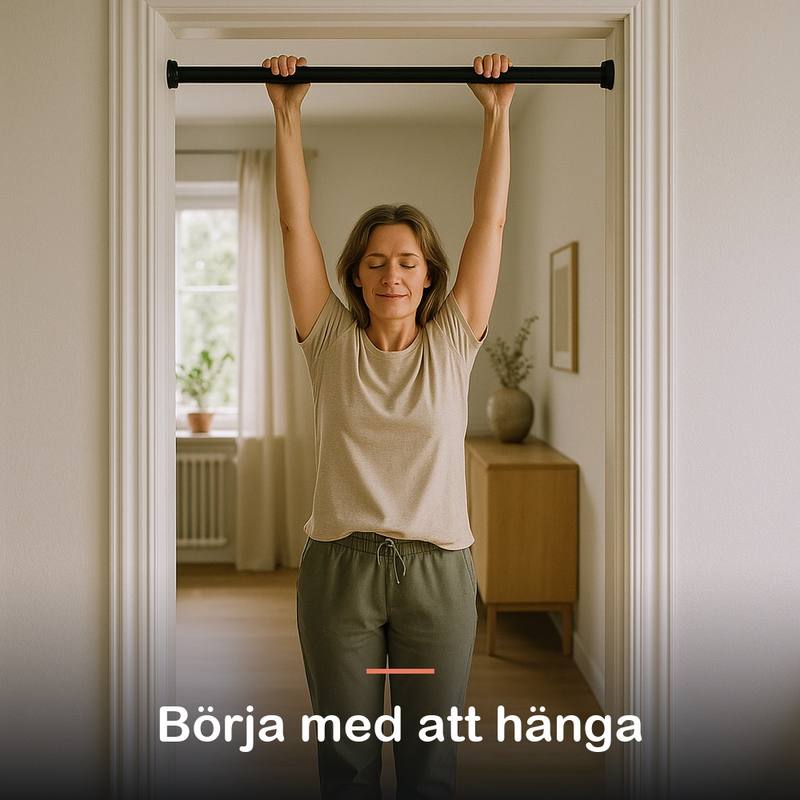 Kvinna hänger med båda händerna på stången och fötterna på golvet