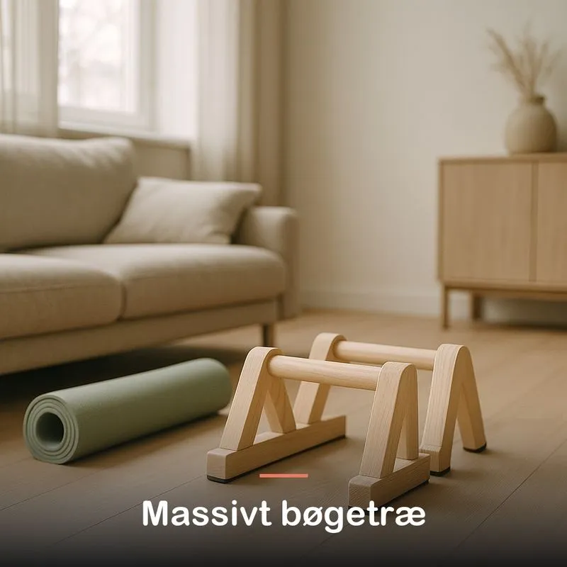 Et par armb&oslash;jningsgreb i tr&aelig; st&aring;r p&aring; gulvet ved siden af en m&aring;tte