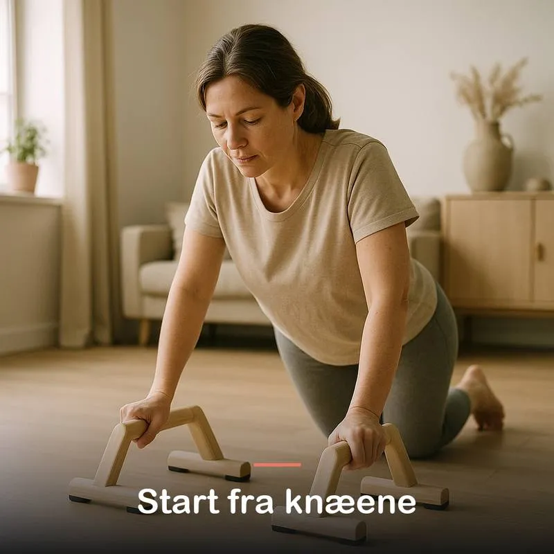 Kvinde laver en armb&oslash;jning fra kn&aelig;ene p&aring; to tr&aelig;greb