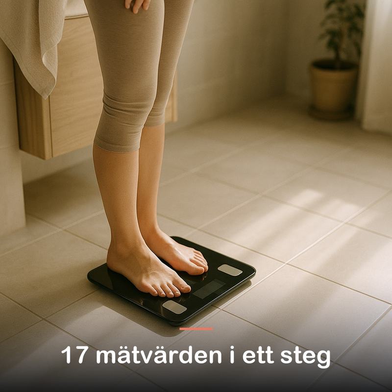 Bara fötter står på en digital badrumsvåg på ett badrumsgolv
