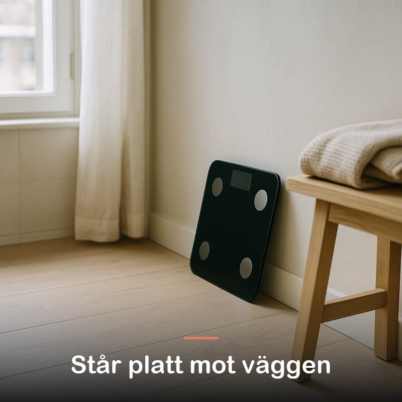 Badrumsvågen står på högkant mot väggen bredvid en handduk