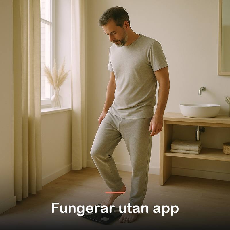 Man kliver upp på badrumsvågen i ett ljust badrum