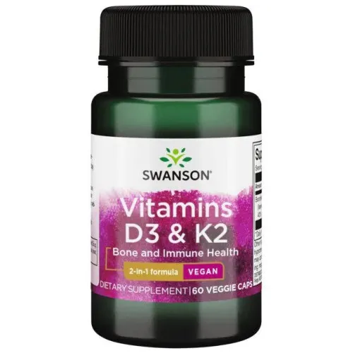 Swanson Vitaminer D3 och K2, 50 mcg och 75 mcg, 60 kapslar
